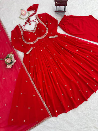 Red Faux Georgette Thread & Sequin Embroidered Anarkali Set with Pant and Dupatta ClothsVilla