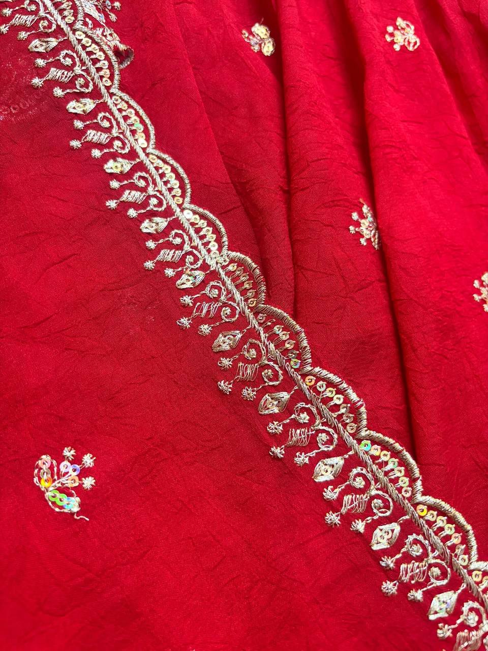 Red Faux Georgette Thread & Sequin Embroidered Anarkali Set with Pant and Dupatta ClothsVilla
