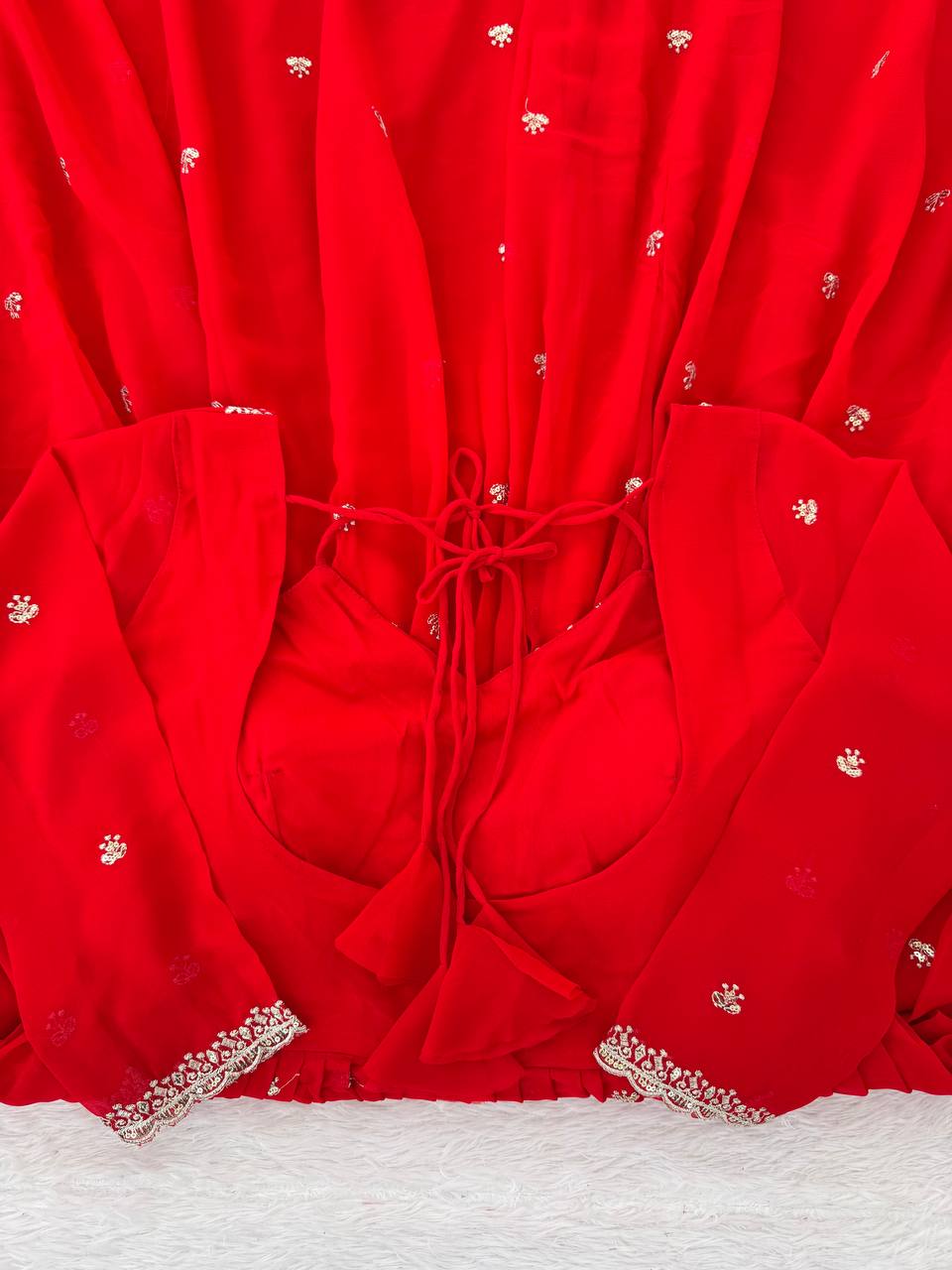 Red Faux Georgette Thread & Sequin Embroidered Anarkali Set with Pant and Dupatta ClothsVilla