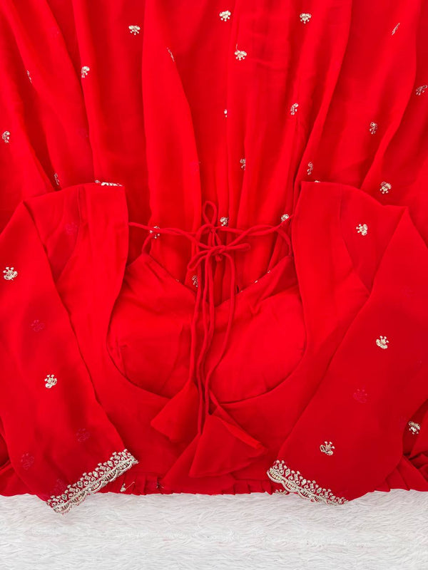 Red Faux Georgette Thread & Sequin Embroidered Anarkali Set with Pant and Dupatta ClothsVilla