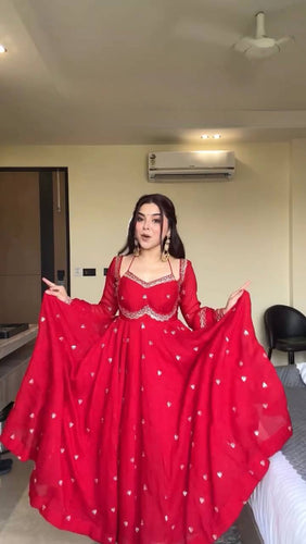 Red Faux Georgette Thread & Sequin Embroidered Anarkali Set with Pant and Dupatta ClothsVilla