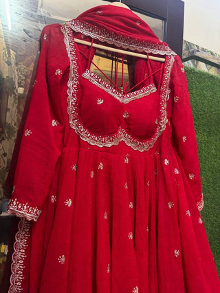Red Faux Georgette Thread & Sequin Embroidered Anarkali Set with Pant and Dupatta ClothsVilla