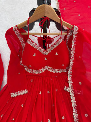 Red Faux Georgette Thread & Sequin Embroidered Anarkali Set with Pant and Dupatta ClothsVilla