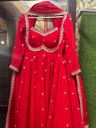 Red Faux Georgette Thread & Sequin Embroidered Anarkali Set with Pant and Dupatta ClothsVilla