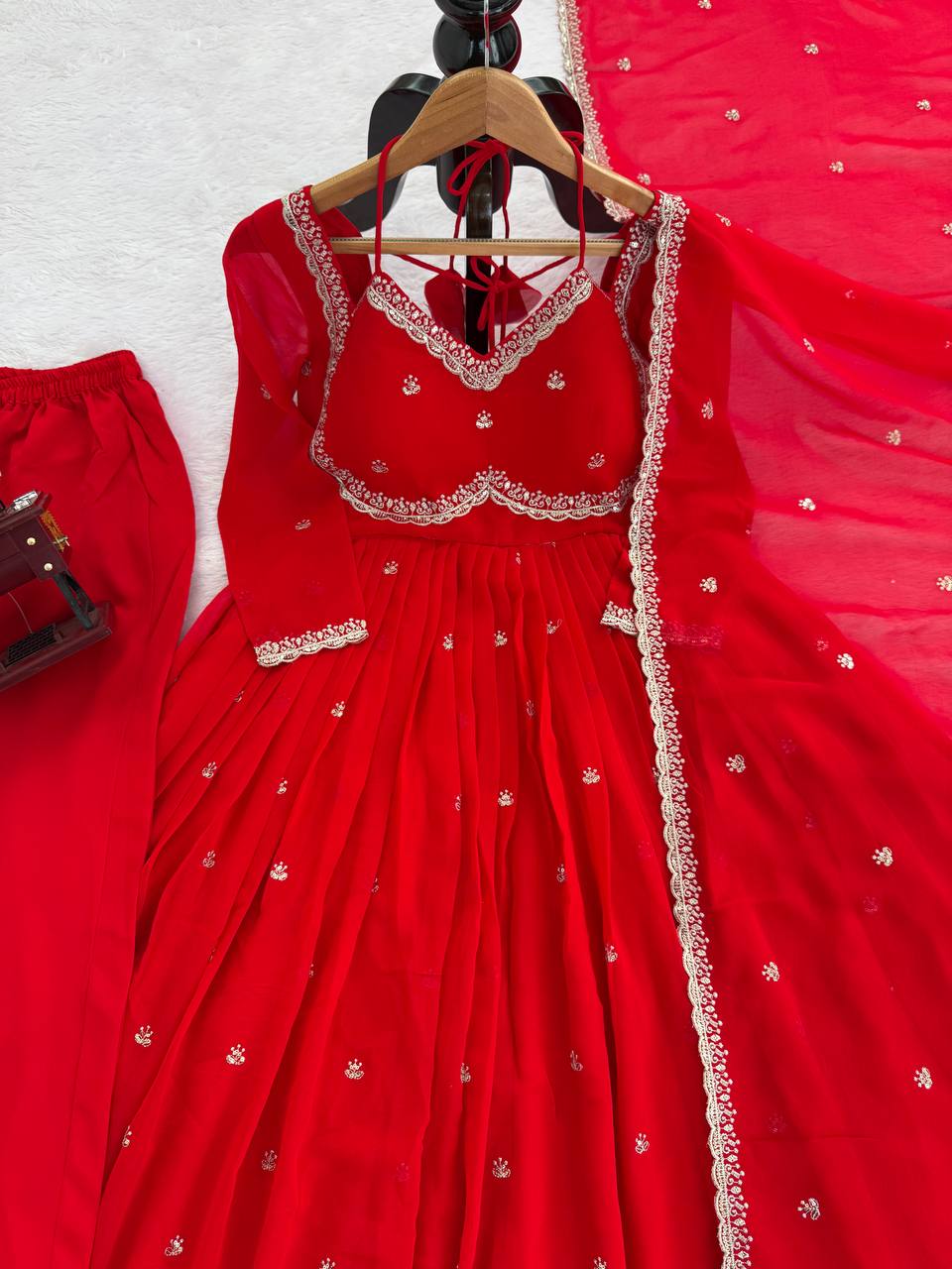 Red Faux Georgette Thread & Sequin Embroidered Anarkali Set with Pant and Dupatta ClothsVilla