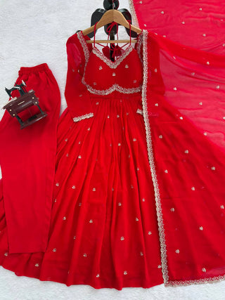 Red Faux Georgette Thread & Sequin Embroidered Anarkali Set with Pant and Dupatta ClothsVilla