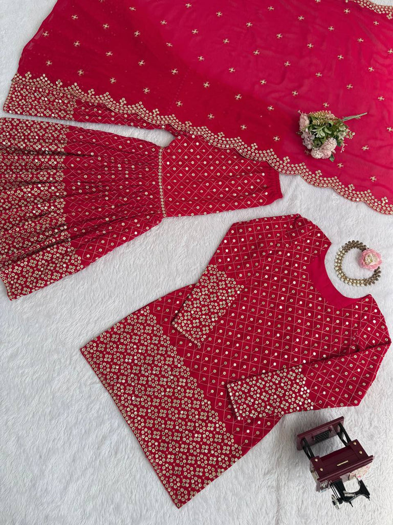 Red Faux Georgette Thread & Sequin Work Sharara Set with Matching Dupatta ClothsVilla