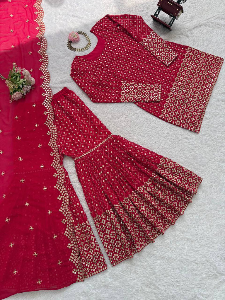 Red Faux Georgette Thread & Sequin Work Sharara Set with Matching Dupatta ClothsVilla