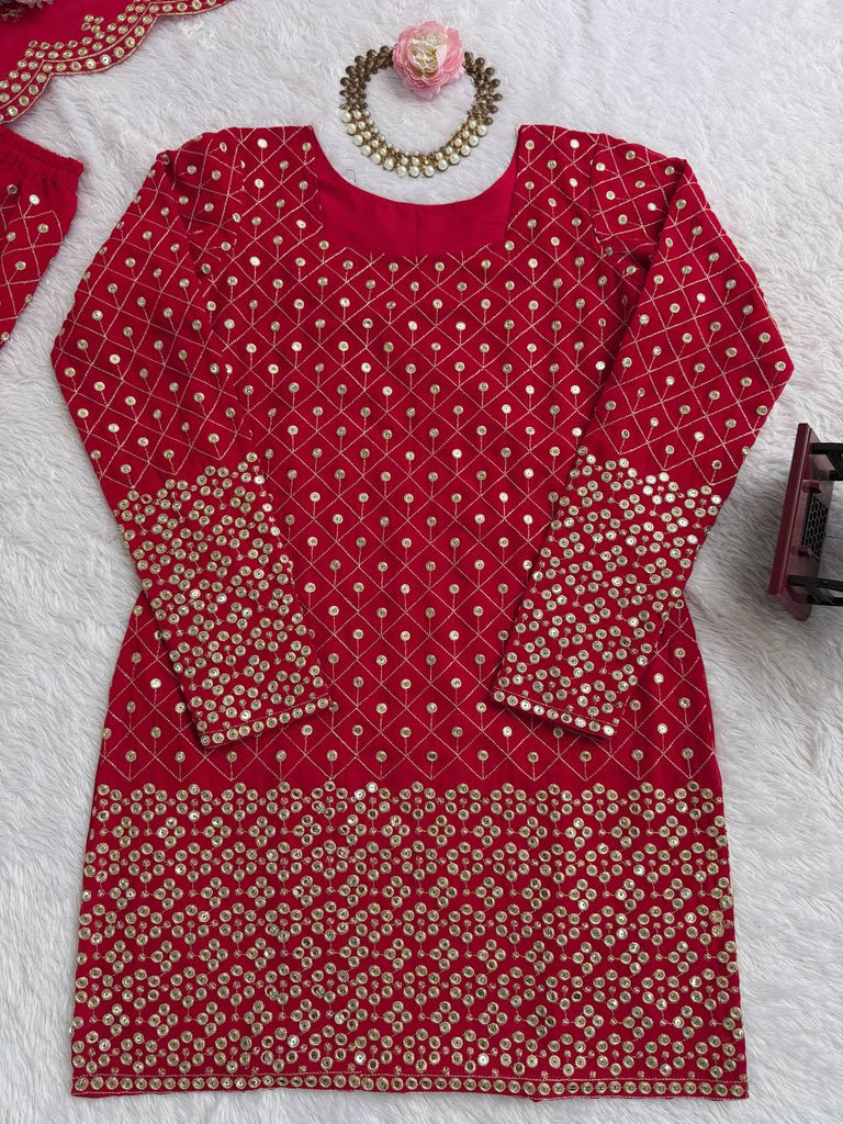 Red Faux Georgette Thread & Sequin Work Sharara Set with Matching Dupatta ClothsVilla