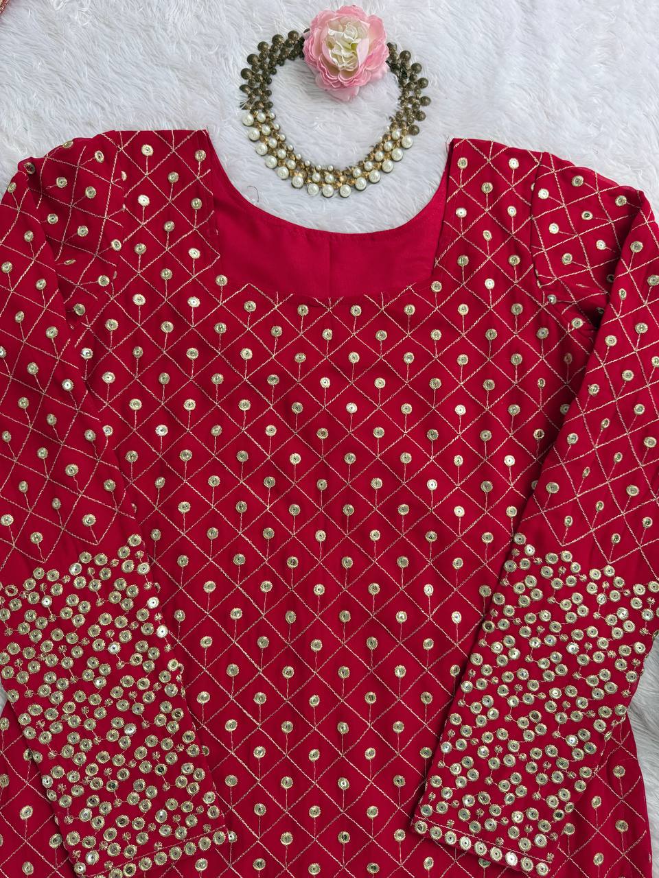 Red Faux Georgette Thread & Sequin Work Sharara Set with Matching Dupatta ClothsVilla