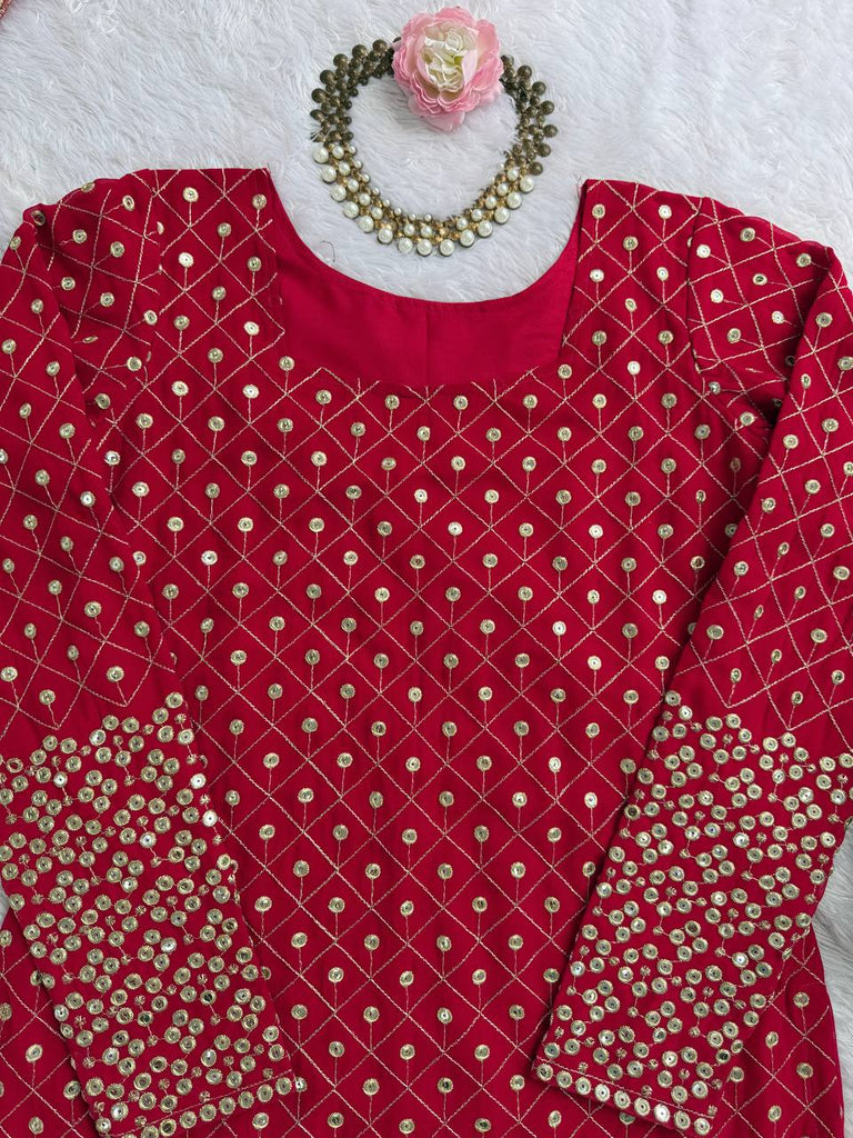 Red Faux Georgette Thread & Sequin Work Sharara Set with Matching Dupatta ClothsVilla