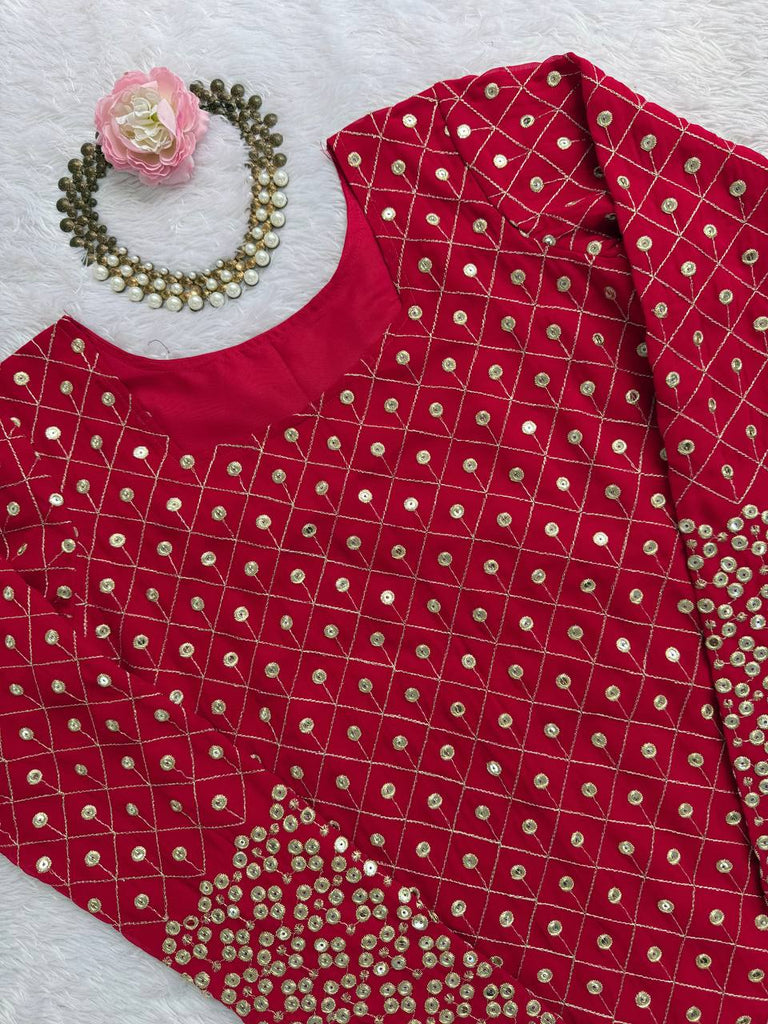 Red Faux Georgette Thread & Sequin Work Sharara Set with Matching Dupatta ClothsVilla