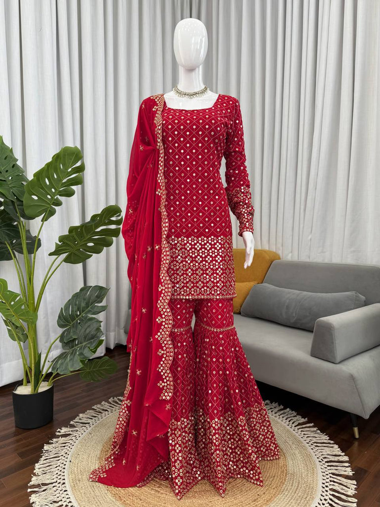 Red Faux Georgette Thread & Sequin Work Sharara Set with Red Faux Georgette Thread & Sequin Work Sharara Set with