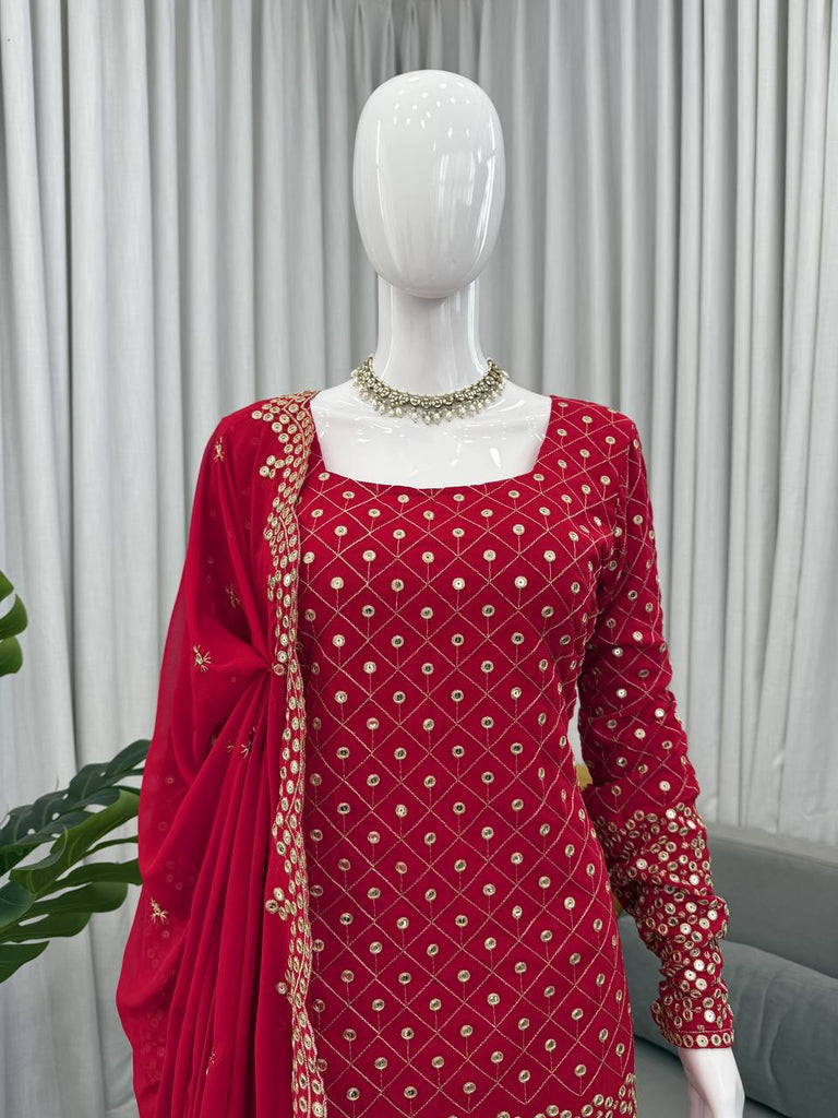 Red Faux Georgette Thread & Sequin Work Sharara Set with Matching Dupatta ClothsVilla
