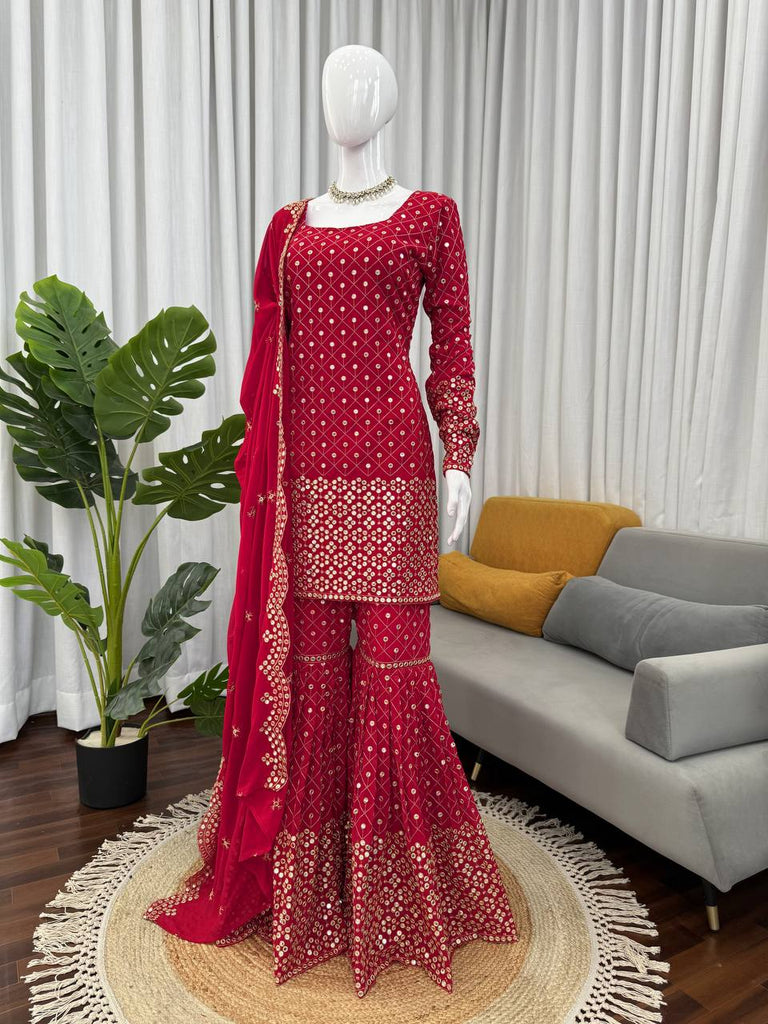 Red Faux Georgette Thread & Sequin Work Sharara Set with Matching Dupatta ClothsVilla