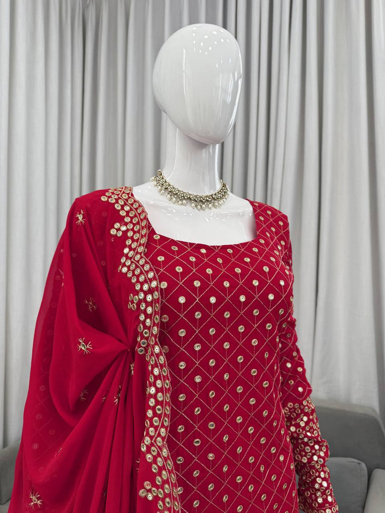 Red Faux Georgette Thread & Sequin Work Sharara Set with Matching Dupatta ClothsVilla