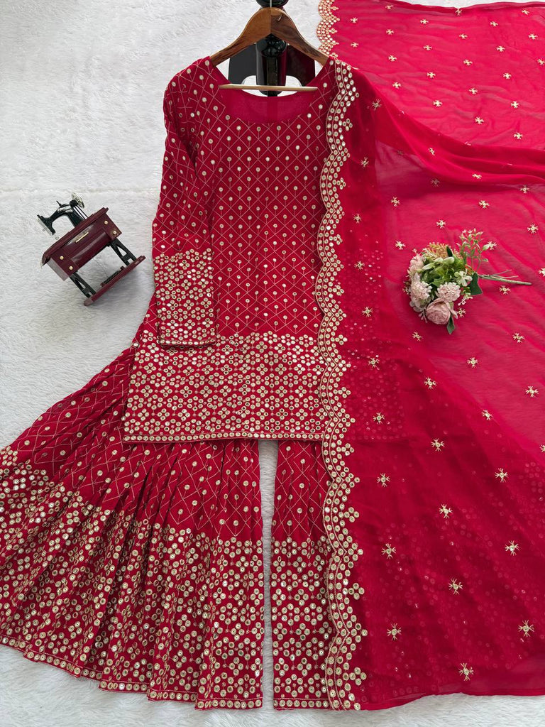 Red Faux Georgette Thread & Sequin Work Sharara Set with Matching Dupatta ClothsVilla