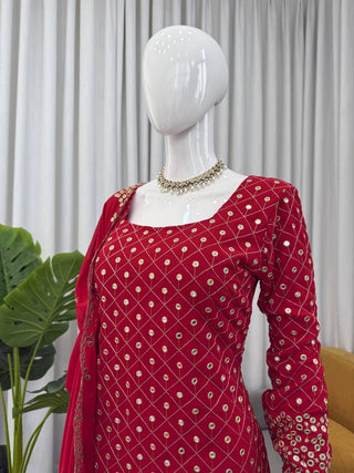 Red Faux Georgette Thread & Sequin Work Sharara Set with Matching Dupatta ClothsVilla