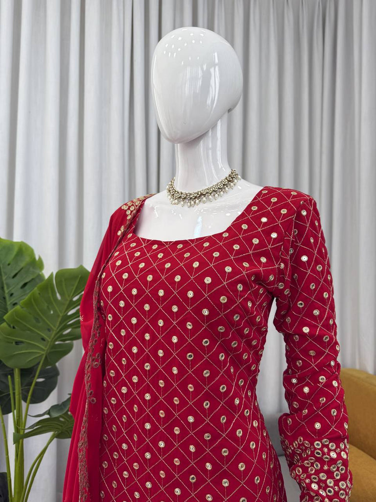 Red Faux Georgette Thread & Sequin Work Sharara Set with Matching Dupatta ClothsVilla