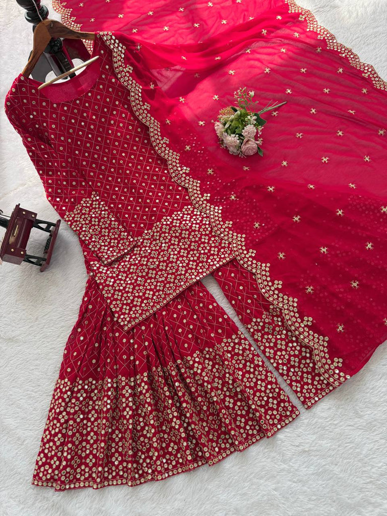 Red Faux Georgette Thread & Sequin Work Sharara Set with Matching Dupatta ClothsVilla