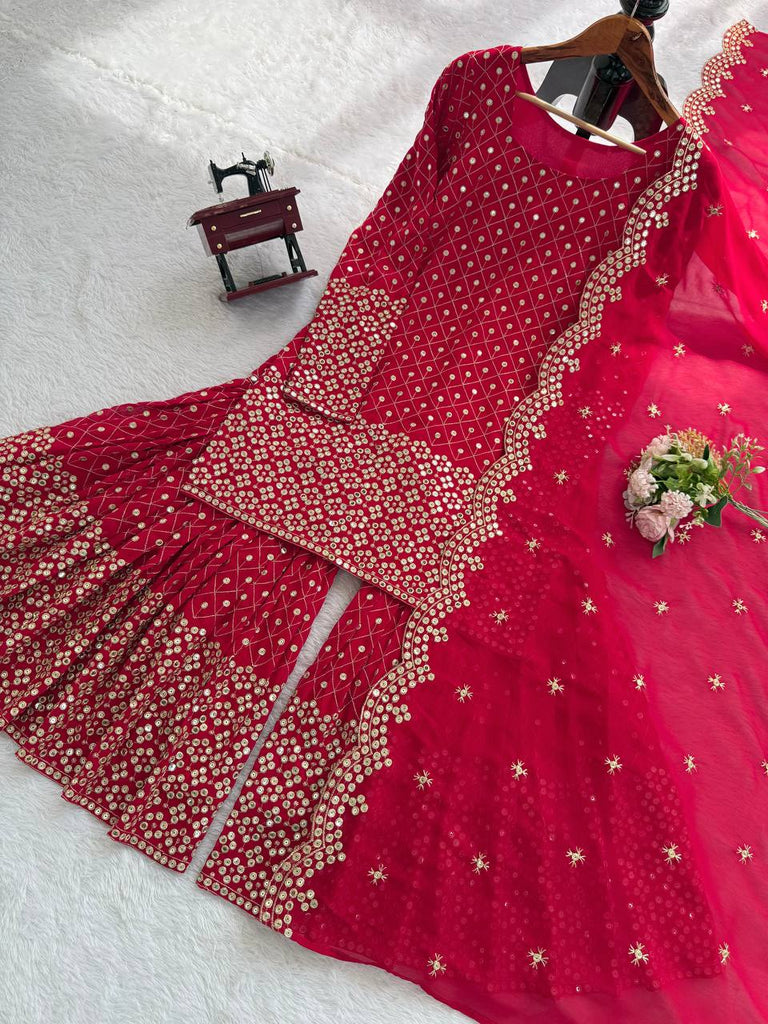 Red Faux Georgette Thread & Sequin Work Sharara Set with Matching Dupatta ClothsVilla