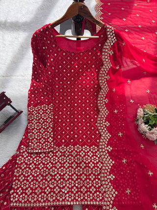 Red Faux Georgette Thread & Sequin Work Sharara Set with Matching Dupatta ClothsVilla