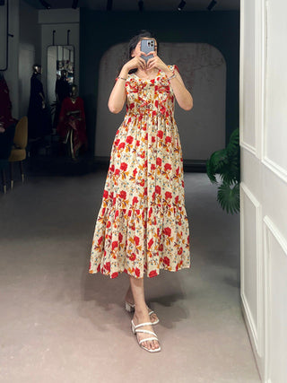 Red Floral Print Maslin Silk Stitched Frock with 4-Meter Flair & Micro Crepe Lining ClothsVilla