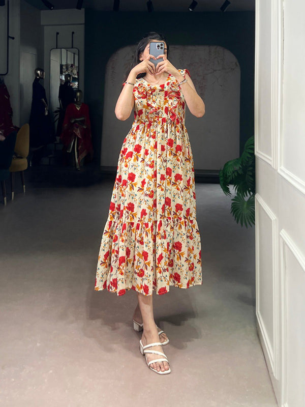 Red Floral Print Maslin Silk Stitched Frock with 4-Meter Flair & Micro Crepe Lining ClothsVilla
