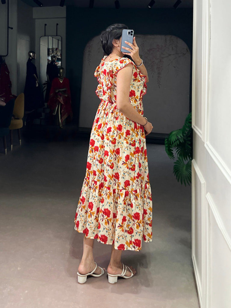 Red Floral Print Maslin Silk Stitched Frock with 4-Meter Flair & Micro Crepe Lining ClothsVilla