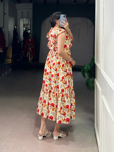 Red Floral Print Maslin Silk Stitched Frock with 4-Meter Flair & Micro Crepe Lining ClothsVilla