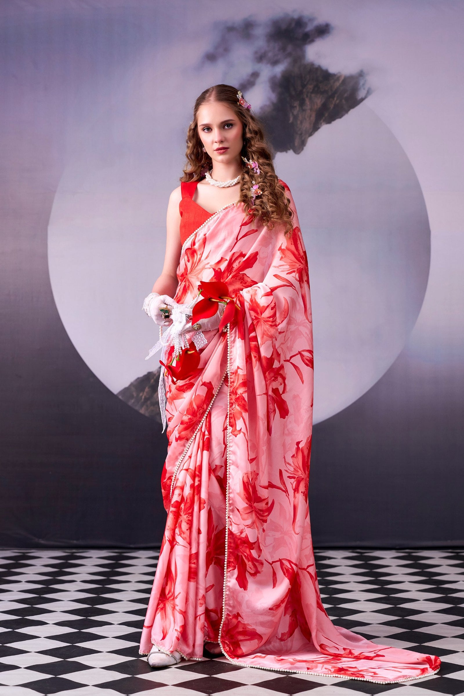 Red Floral Saree with Pearl Border ClothsVilla
