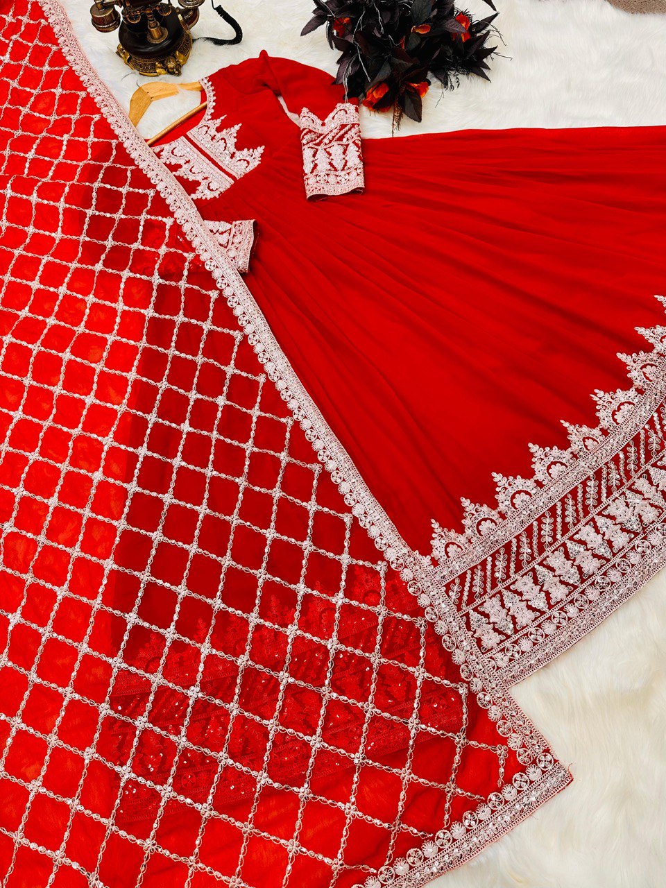 Red Fox Georgette Gown with Sequin Embroidery and Matching Dupatta ClothsVilla