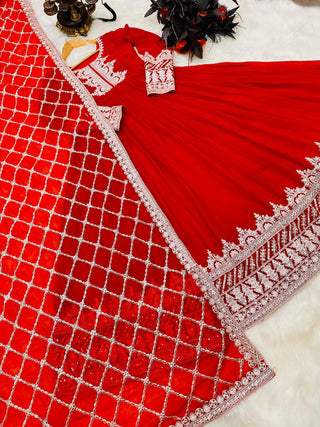 Red Fox Georgette Gown with Sequin Embroidery and Matching Dupatta ClothsVilla