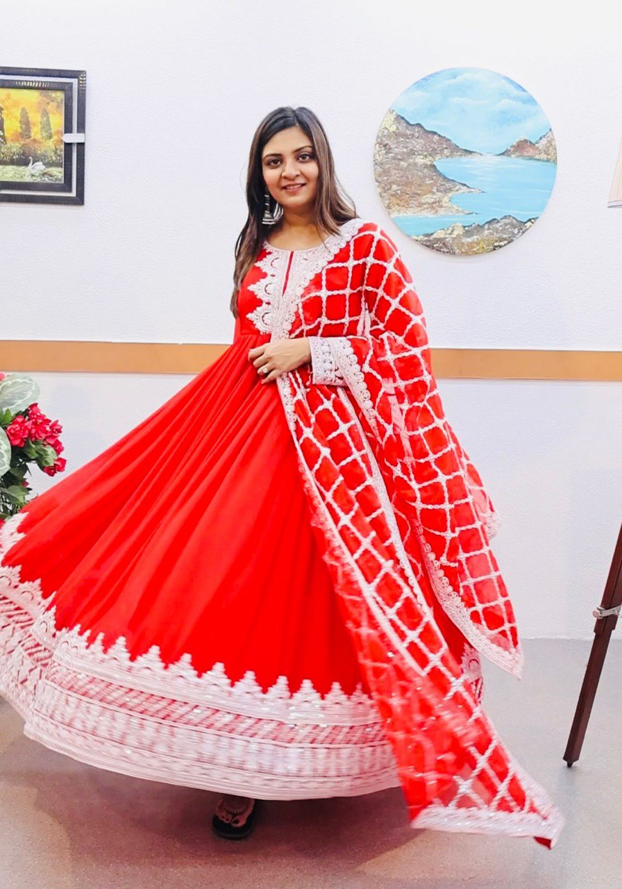 Red Fox Georgette Gown with Sequin Embroidery and Matching Dupatta ClothsVilla
