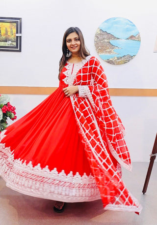 Red Fox Georgette Gown with Sequin Embroidery and Matching Dupatta ClothsVilla
