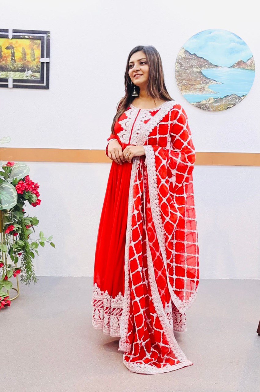 Red Fox Georgette Gown with Sequin Embroidery and Matching Dupatta ClothsVilla Main image