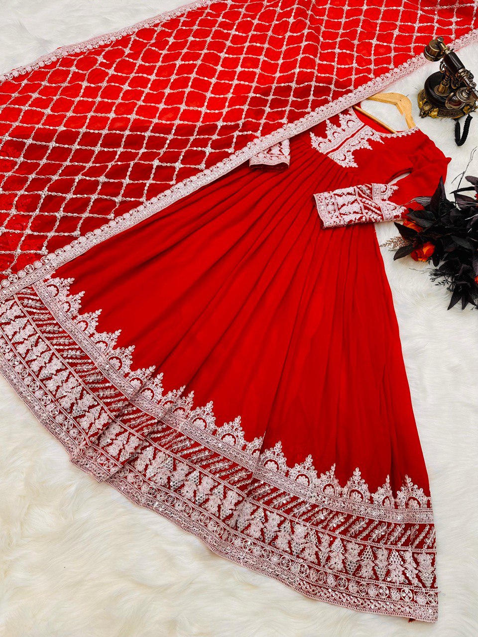 Red Fox Georgette Gown with Sequin Embroidery and Matching Dupatta ClothsVilla