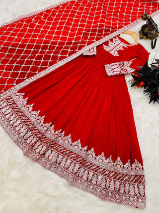 Red Fox Georgette Gown with Sequin Embroidery and Matching Dupatta ClothsVilla