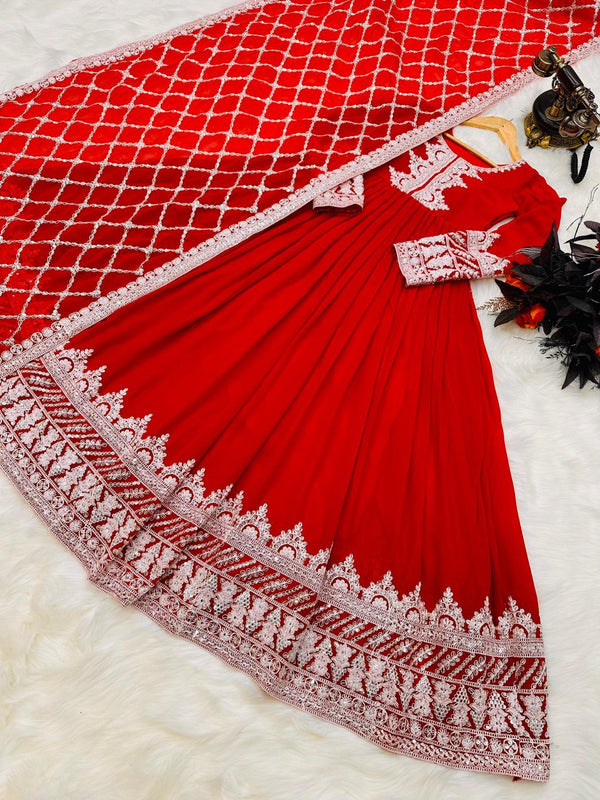 Red Fox Georgette Gown with Sequin Embroidery and Matching Dupatta ClothsVilla