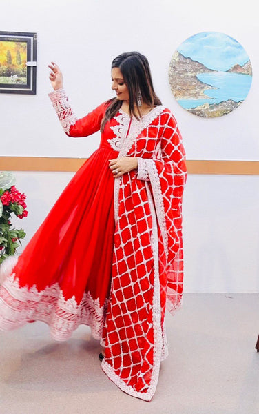 RED TRENDY SLEEVES PATTERN PURE FOX GEORGETTE GOWN – Dhinglimatching