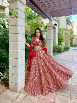 Red Georgette Designer Lehenga Set ClothsVilla
