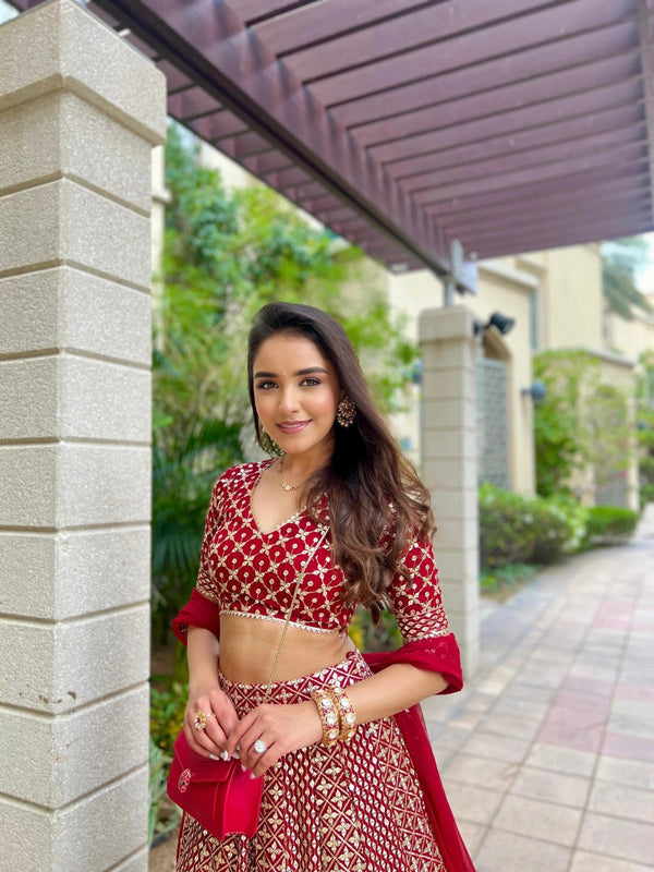 Red Georgette Designer Lehenga Set ClothsVilla