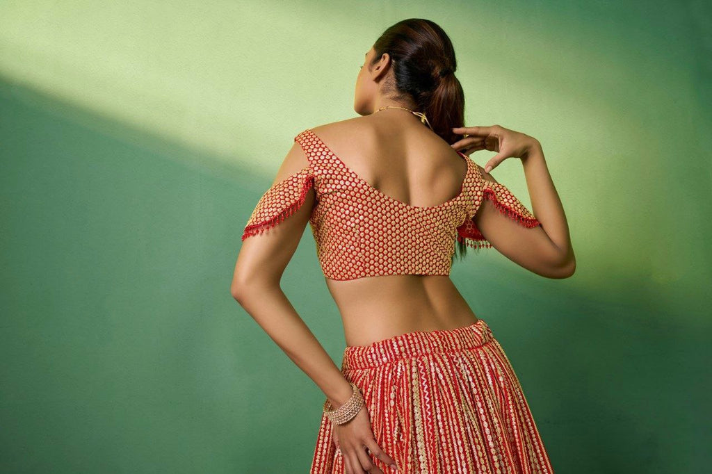 Red Georgette Embroidered Lehenga Set with Heavy Sequins & Cording Work ClothsVilla