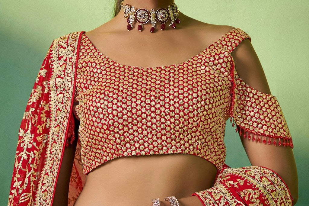 Red Georgette Embroidered Lehenga Set with Heavy Sequins & Cording Work ClothsVilla