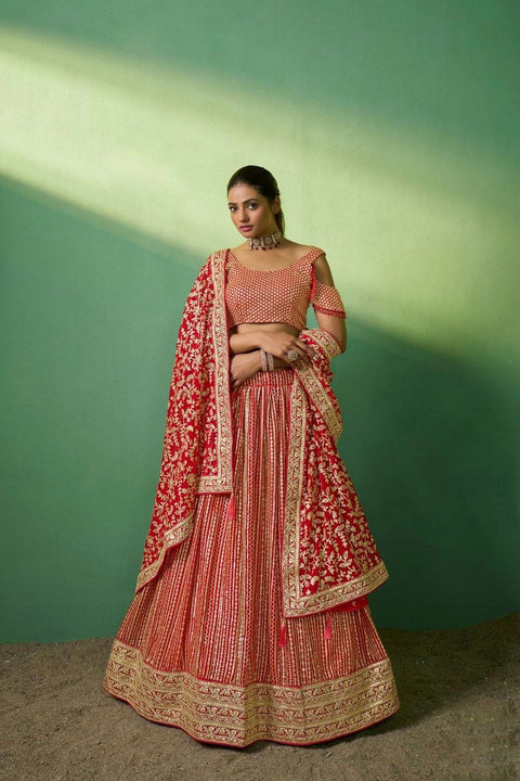 Red Georgette Embroidered Lehenga Set with Heavy Sequins & Cording Work ClothsVilla Main image