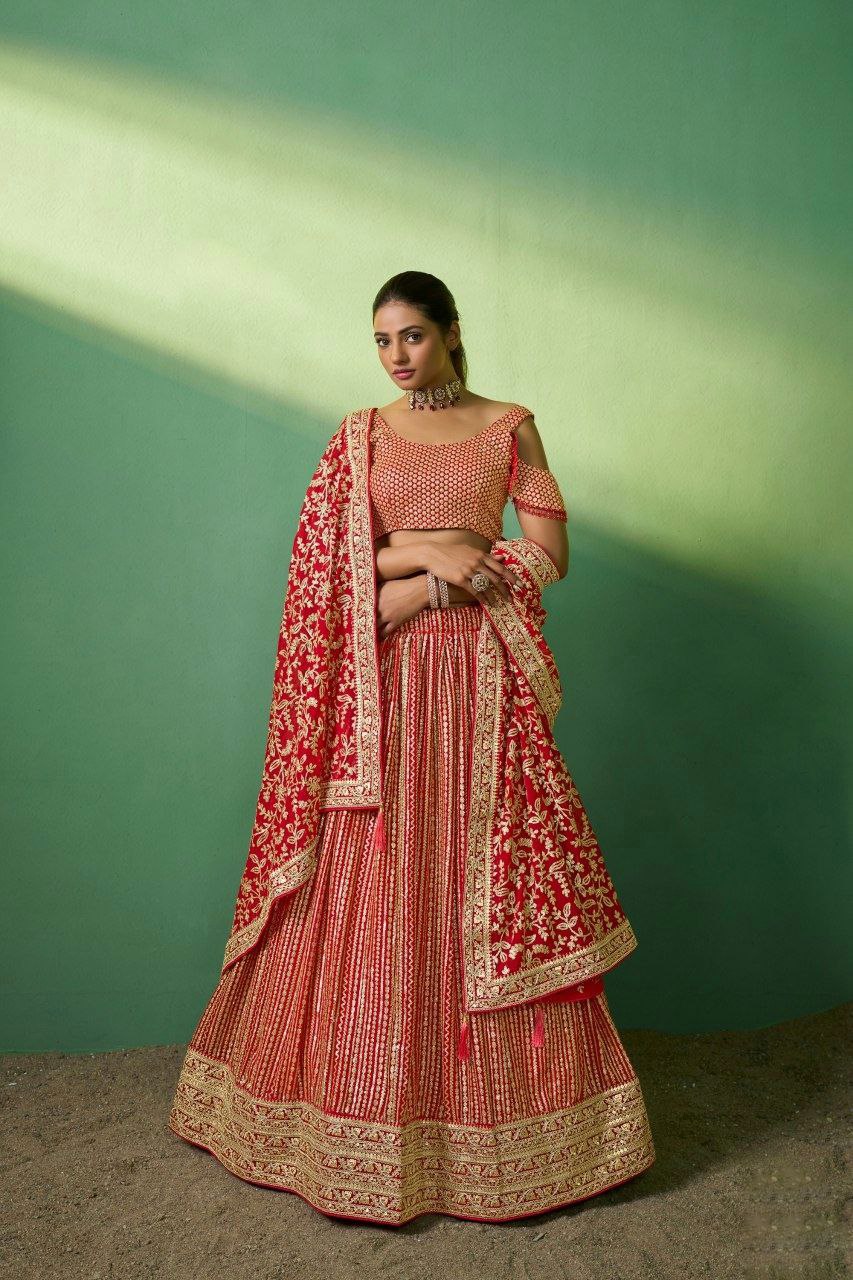 Red Georgette Embroidered Lehenga Set with Heavy Sequins & Cording Work ClothsVilla Main image