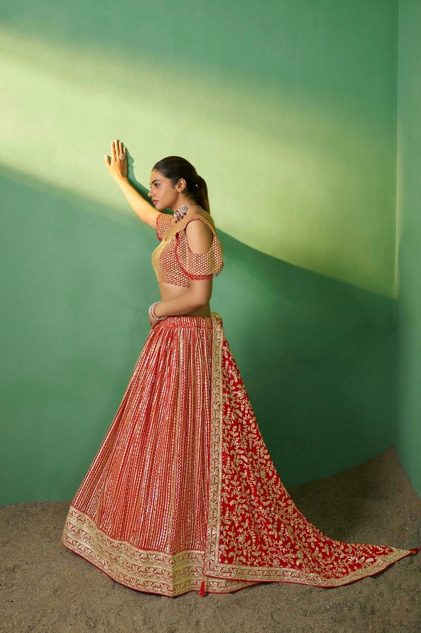 Red Georgette Embroidered Lehenga Set with Heavy Sequins & Cording Work ClothsVilla