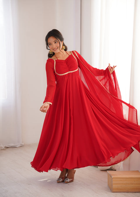 Red Georgette Gown with Lace Dupatta ClothsVilla Main image