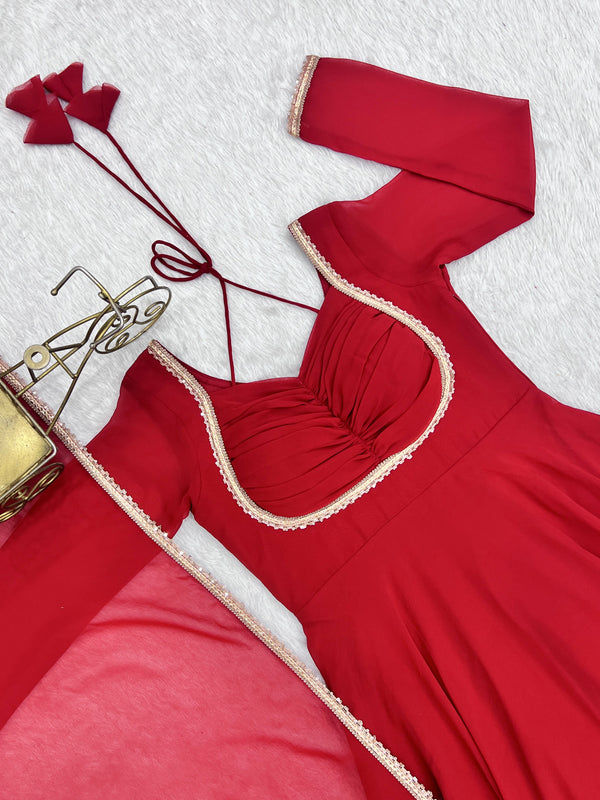 Red Georgette Gown with Lace Dupatta ClothsVilla