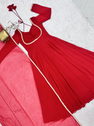 Red Georgette Gown with Lace Dupatta ClothsVilla